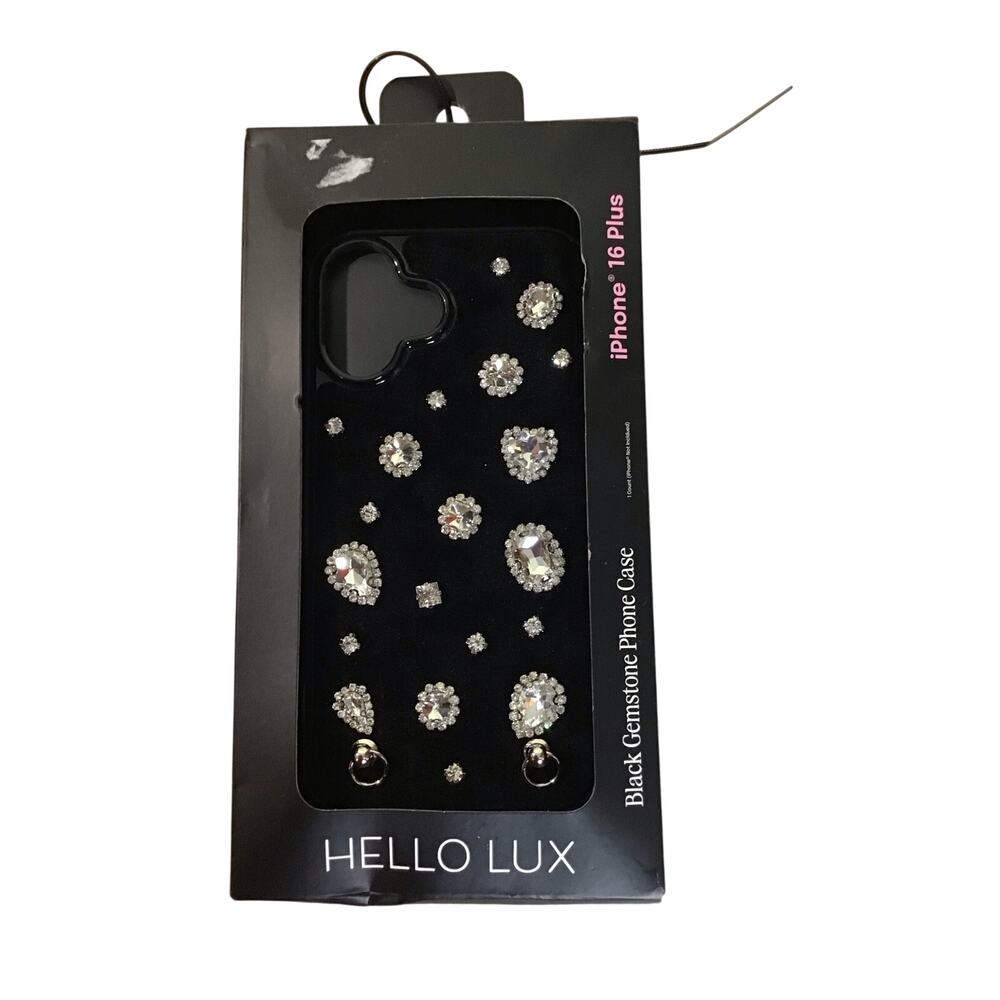 Hello Lux Black Sparkling Crystal Gemstone Phone Case for the iPhone 16 Plus